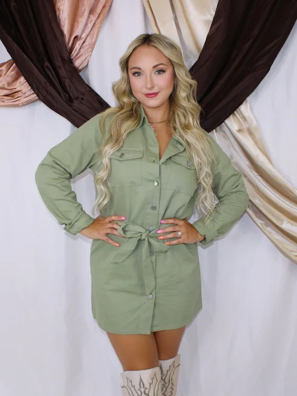 A New Beginning Button Front Tie Waist Dress, Sage