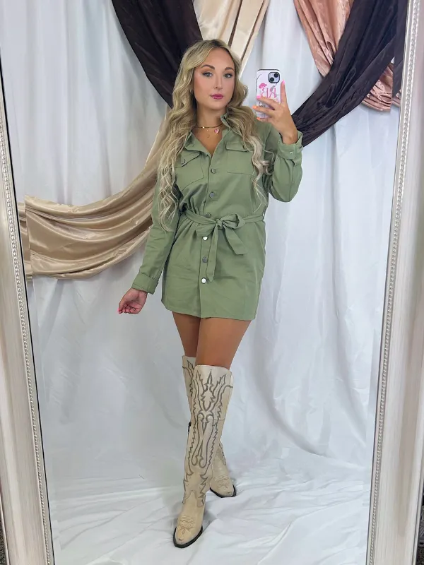 A New Beginning Button Front Tie Waist Dress, Sage