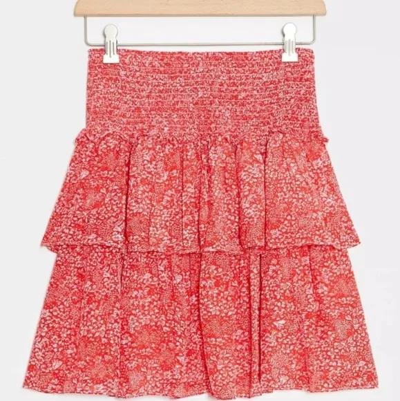 Anthropologie, Floral‎ Tiered Mini Skirt, Red and White, Size Medium