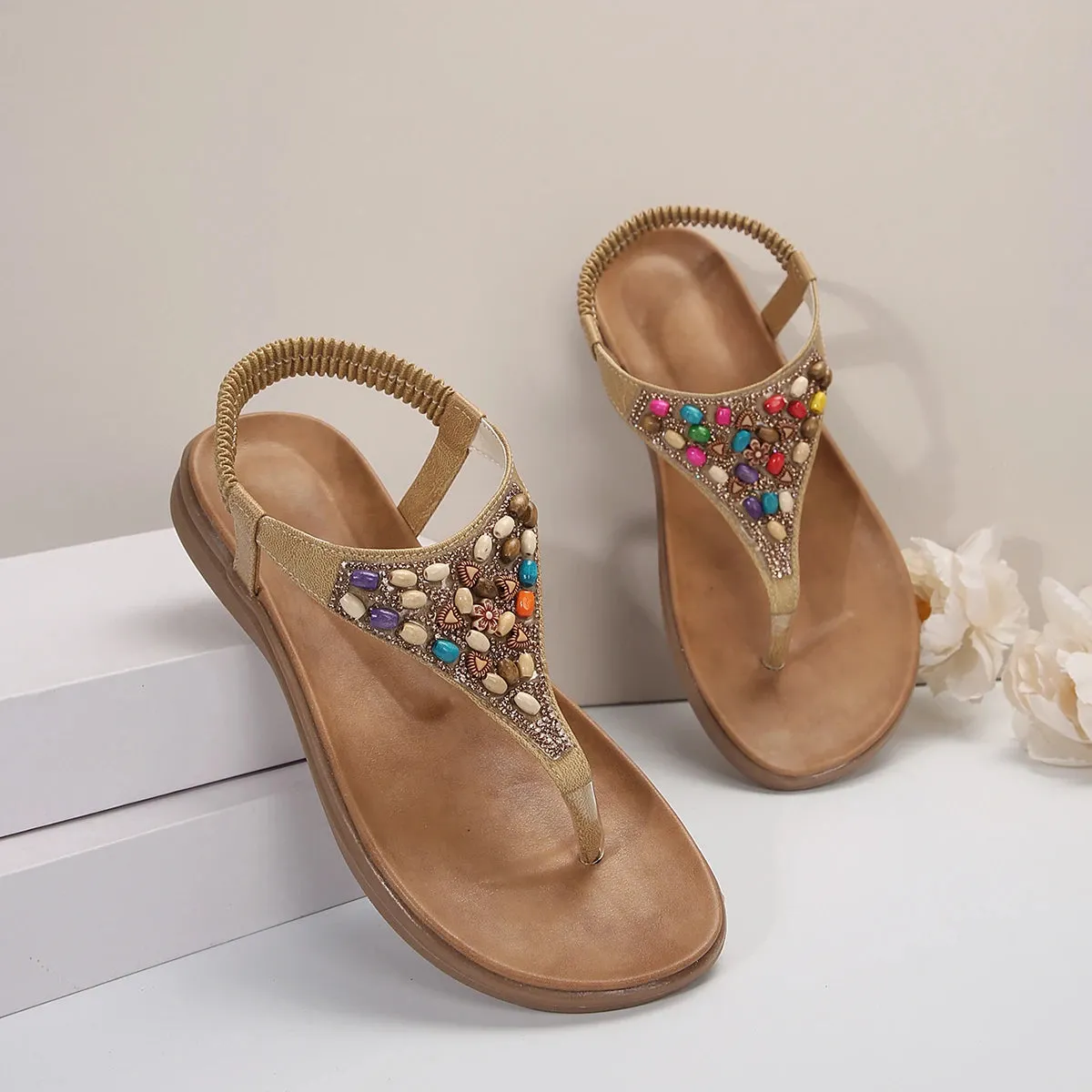 Aphixta 2024 Elastic Band Summer Flat Heel Sandals Colorful Beads Gladiator Women Sandal Soft Sole Flip Flops Shoes For Women