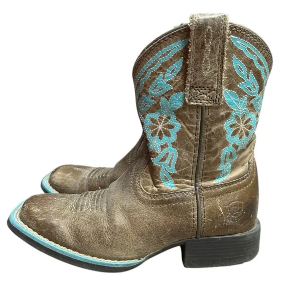 Ariat Brown Turquoise Embroidered Flowers Square Toe Leather Boots Size 11