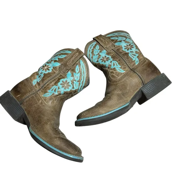 Ariat Brown Turquoise Embroidered Flowers Square Toe Leather Boots Size 11