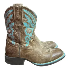 Ariat Brown Turquoise Embroidered Flowers Square Toe Leather Boots Size 11