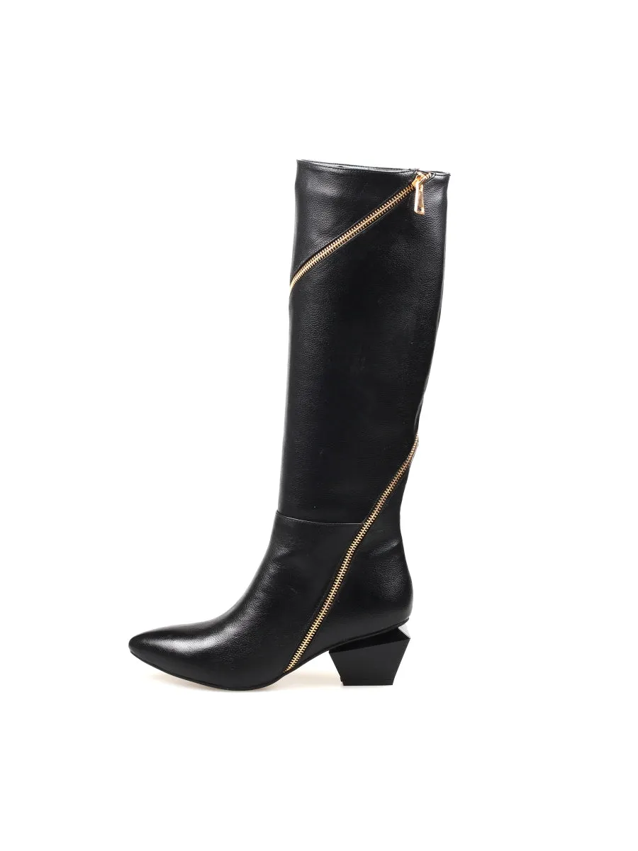 Black Round Side-Zip Knee-Hight Boot