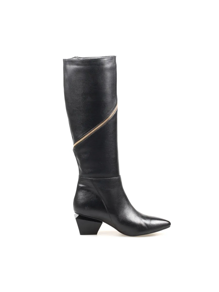 Black Round Side-Zip Knee-Hight Boot