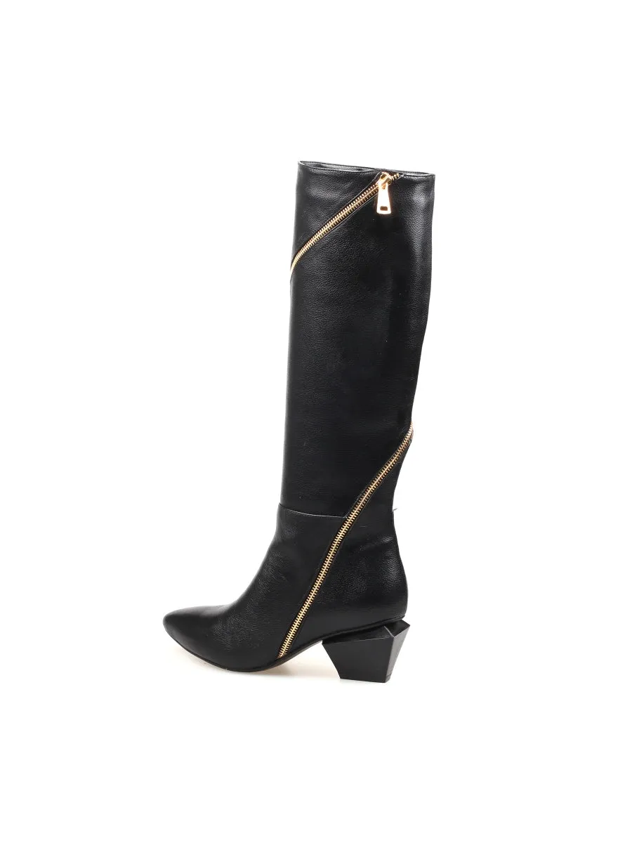 Black Round Side-Zip Knee-Hight Boot