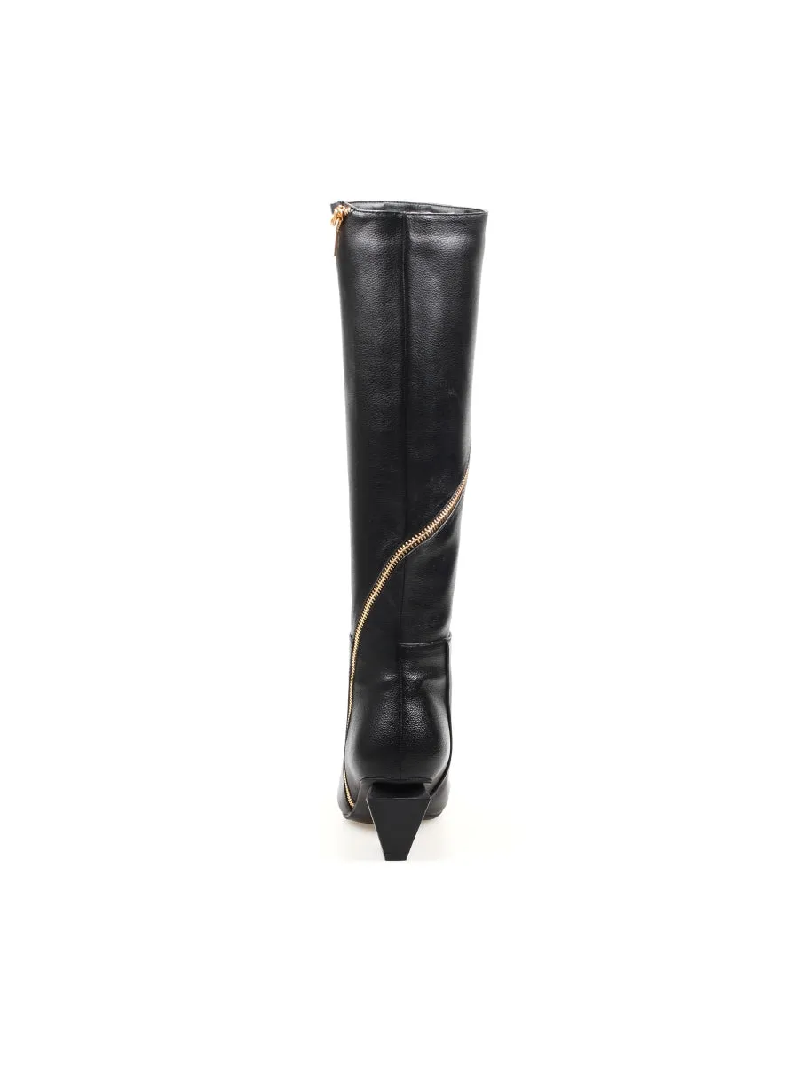 Black Round Side-Zip Knee-Hight Boot
