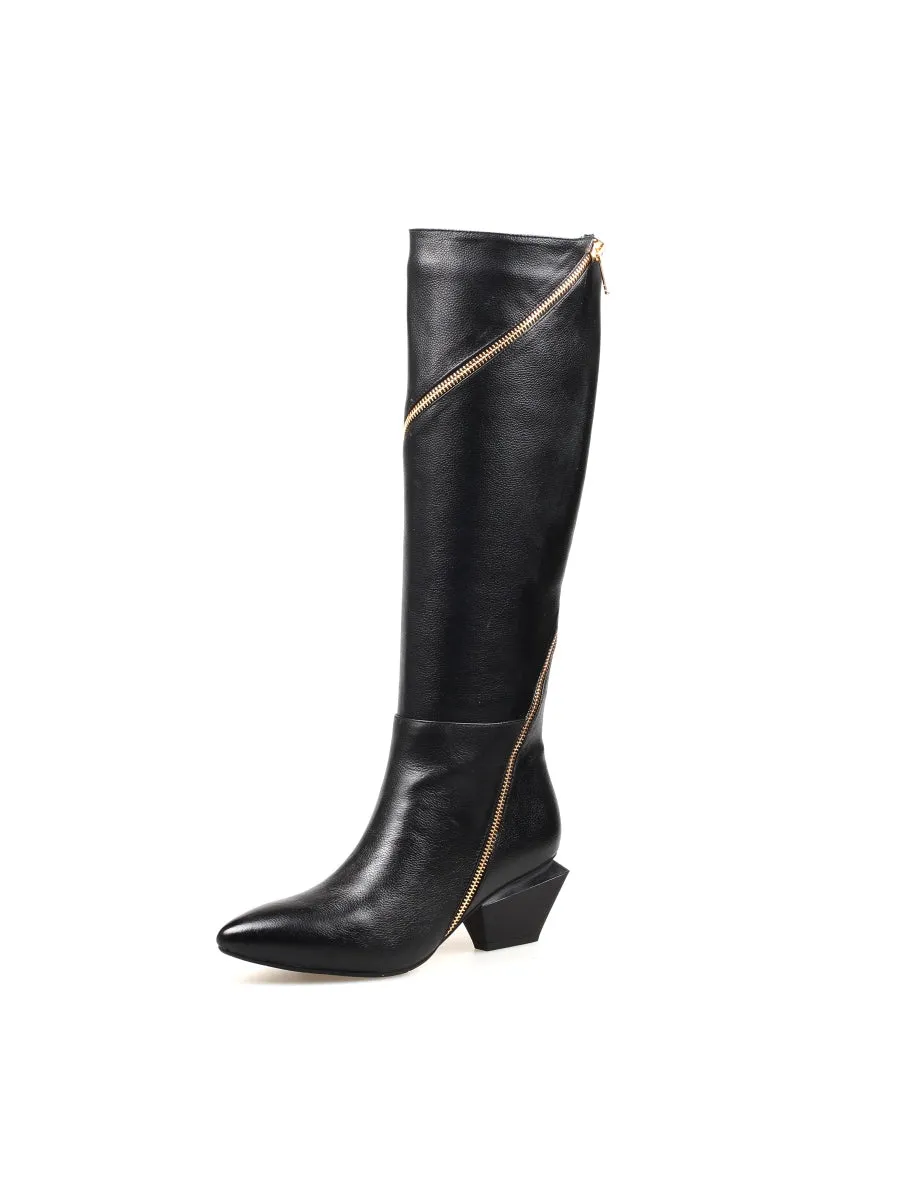 Black Round Side-Zip Knee-Hight Boot
