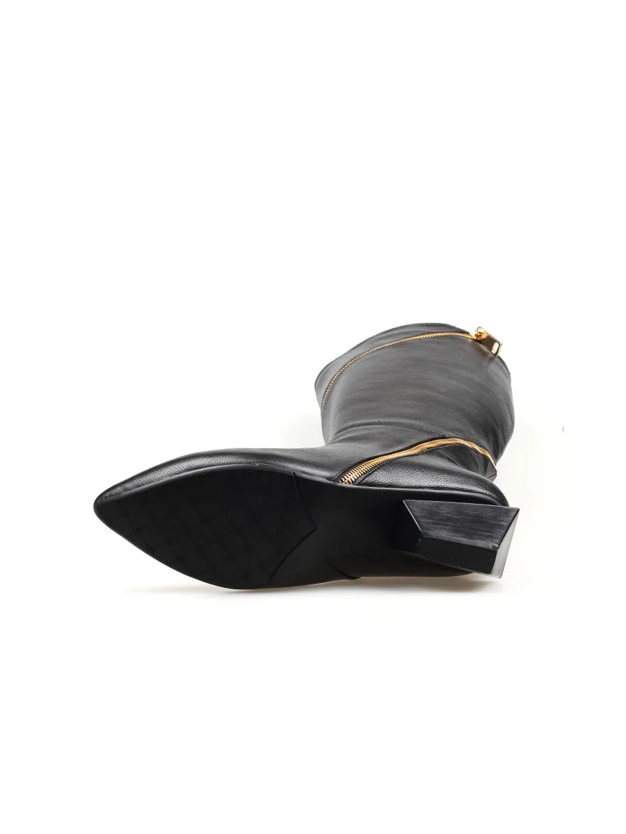 Black Round Side-Zip Knee-Hight Boot