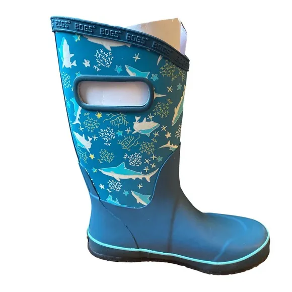 Bogs Rain Boots Shark Print Handles Youth Size 4 Waterproof NWB