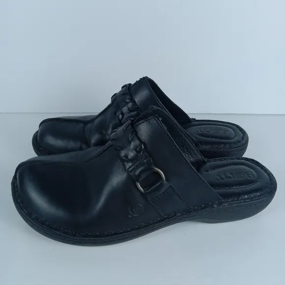 Born Talquin Leather Slip On Black Mules Clogs Size 7 M Whipstitch Strap F58103