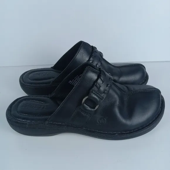 Born Talquin Leather Slip On Black Mules Clogs Size 7 M Whipstitch Strap F58103