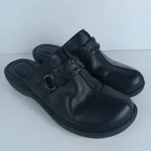 Born Talquin Leather Slip On Black Mules Clogs Size 7 M Whipstitch Strap F58103