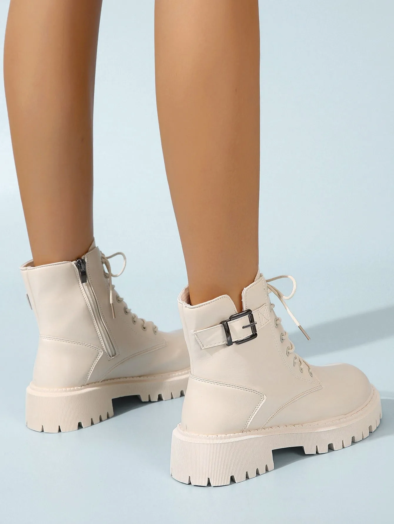 Buckle Decor Side Zip Lace-up Front Combat Boots  - Beige - FD ⚡