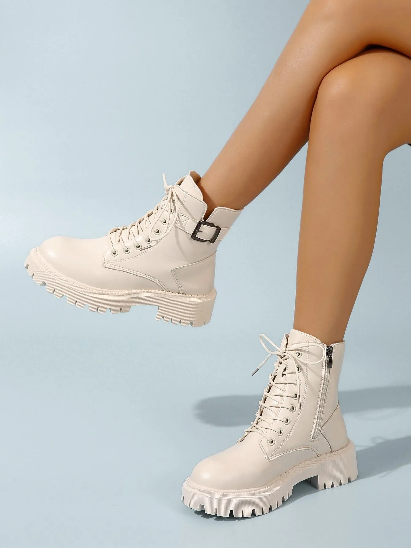 Buckle Decor Side Zip Lace-up Front Combat Boots  - Beige - FD ⚡