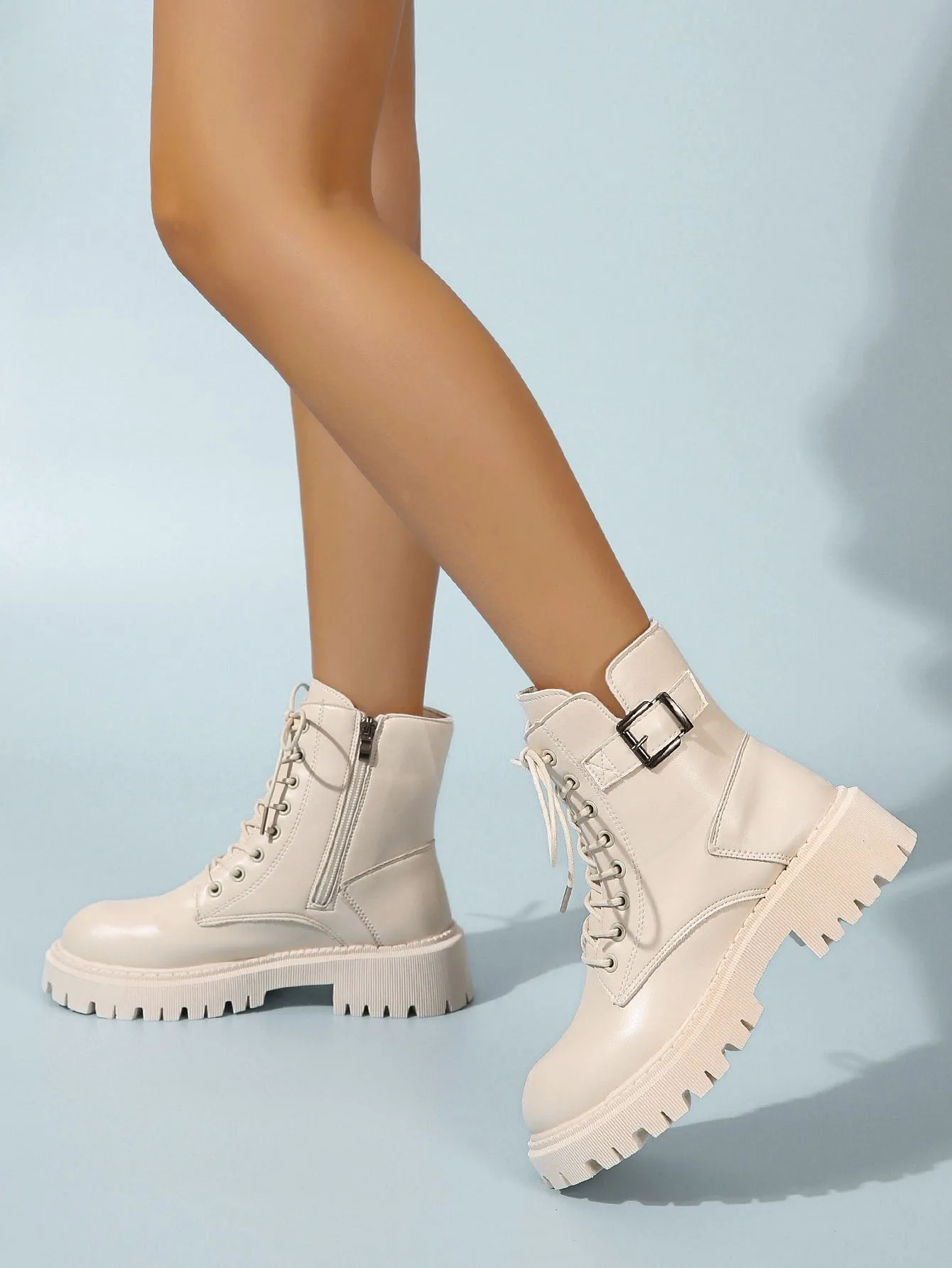 Buckle Decor Side Zip Lace-up Front Combat Boots  - Beige - FD ⚡