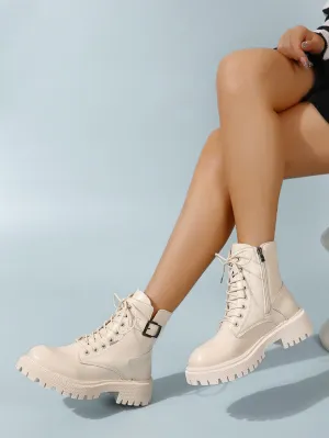 Buckle Decor Side Zip Lace-up Front Combat Boots  - Beige - FD ⚡