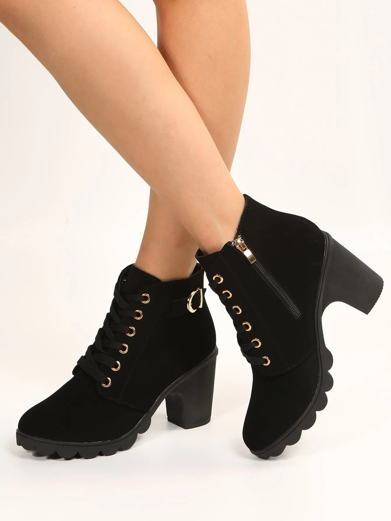 Buckle Detail Side Zip Chunky Heeled Combat Boots - Black- FD ⚡