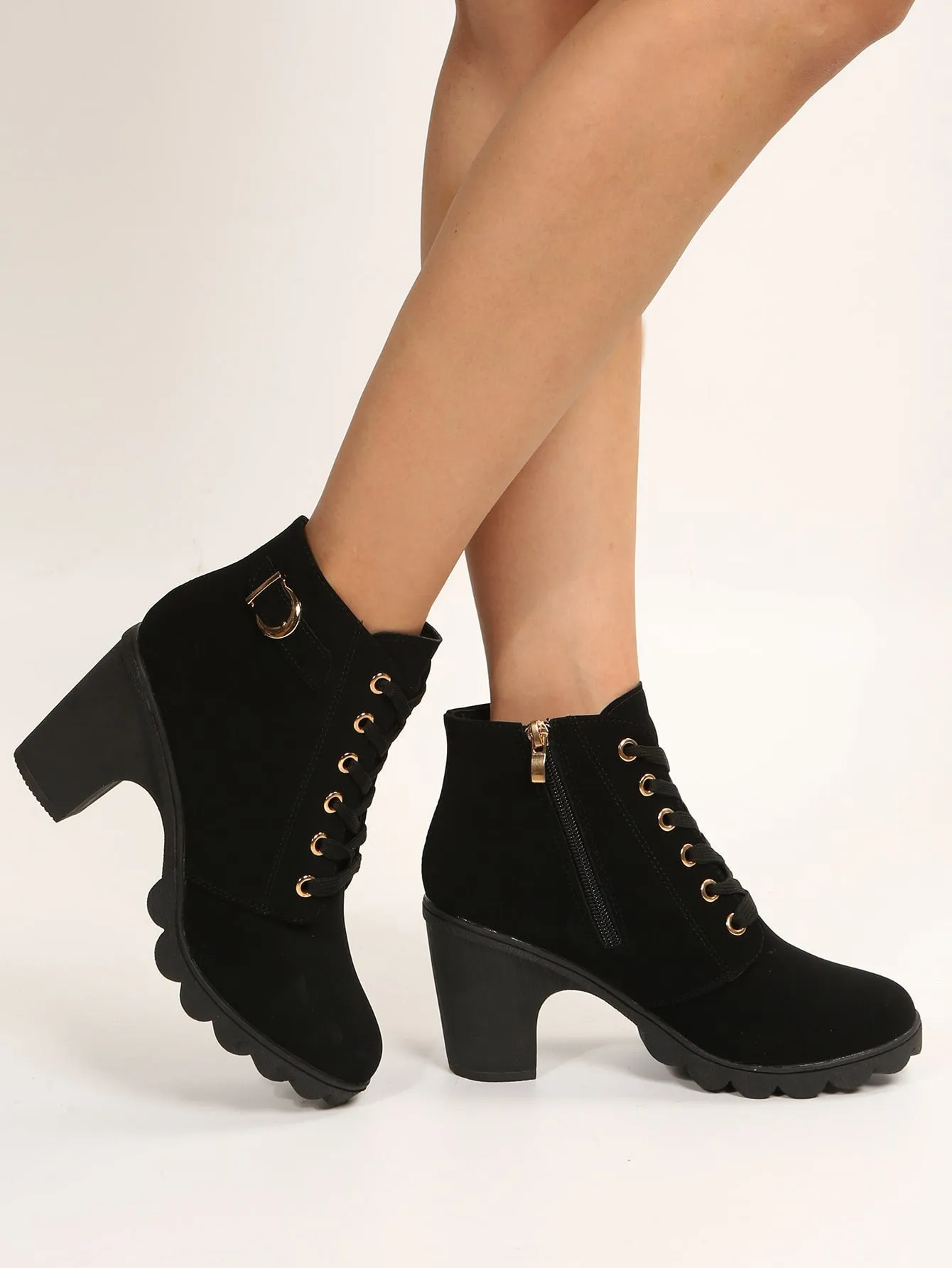 Buckle Detail Side Zip Chunky Heeled Combat Boots - Black- FD ⚡