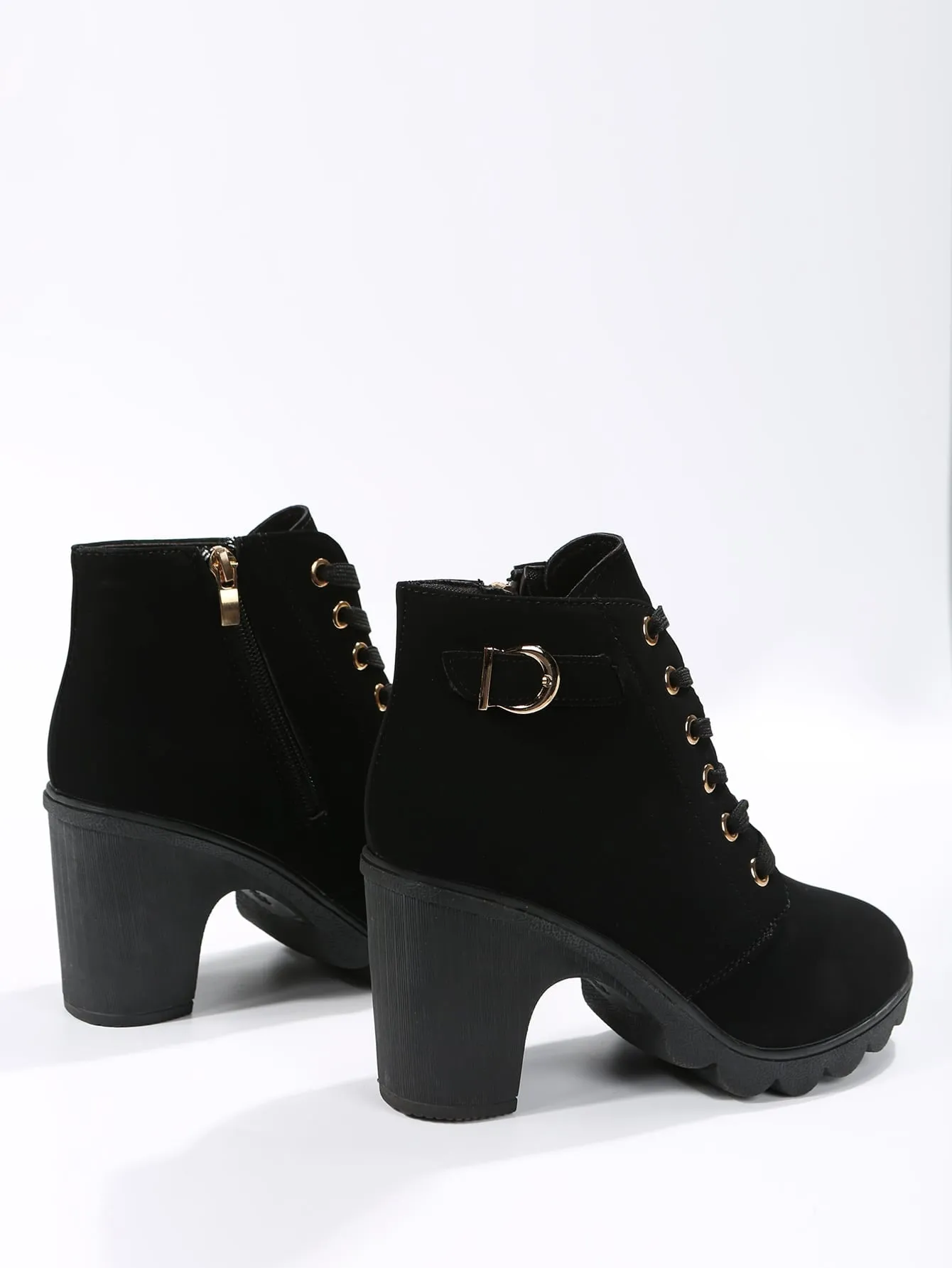 Buckle Detail Side Zip Chunky Heeled Combat Boots - Black- FD ⚡