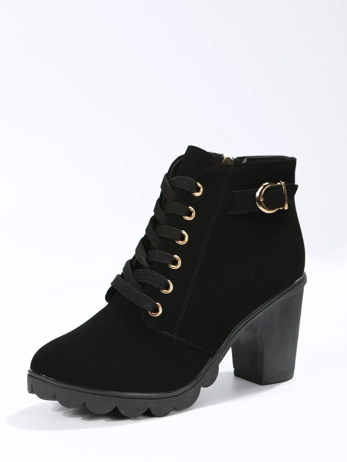 Buckle Detail Side Zip Chunky Heeled Combat Boots - Black- FD ⚡
