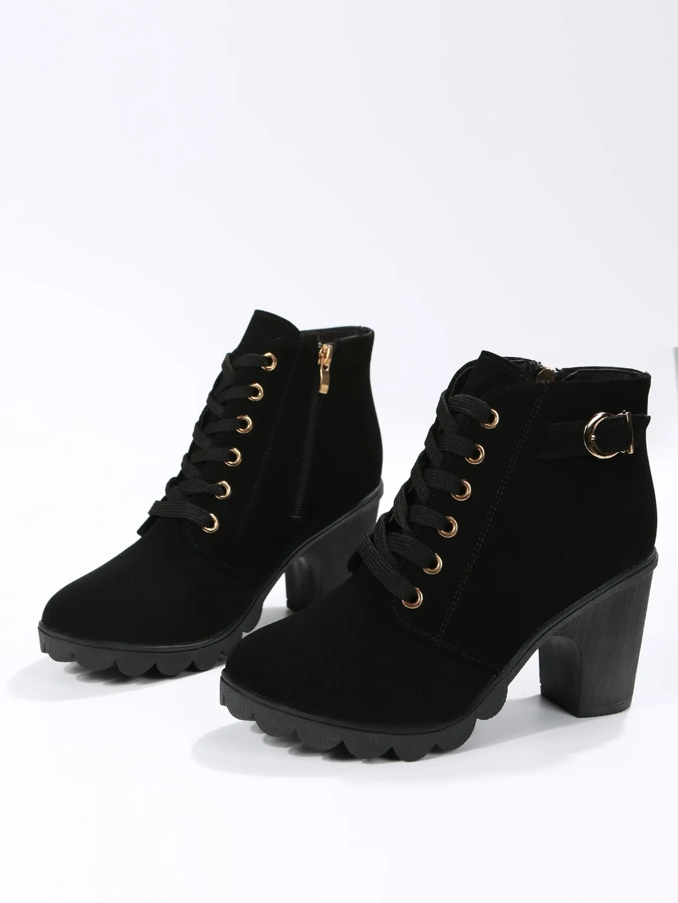 Buckle Detail Side Zip Chunky Heeled Combat Boots - Black- FD ⚡