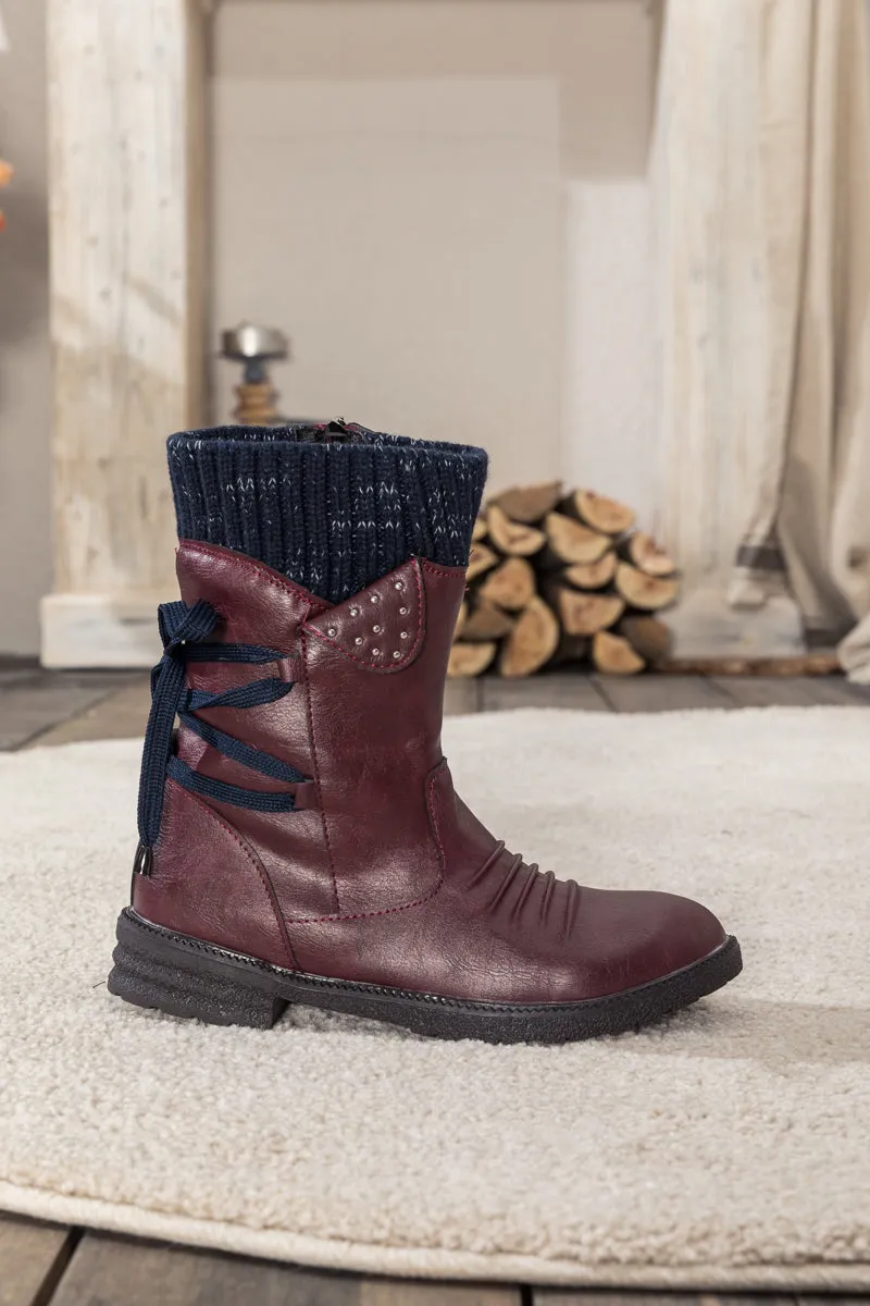 Burgundy Ruched Back Tie-Accent Combat Boot