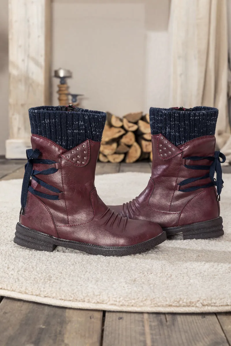 Burgundy Ruched Back Tie-Accent Combat Boot