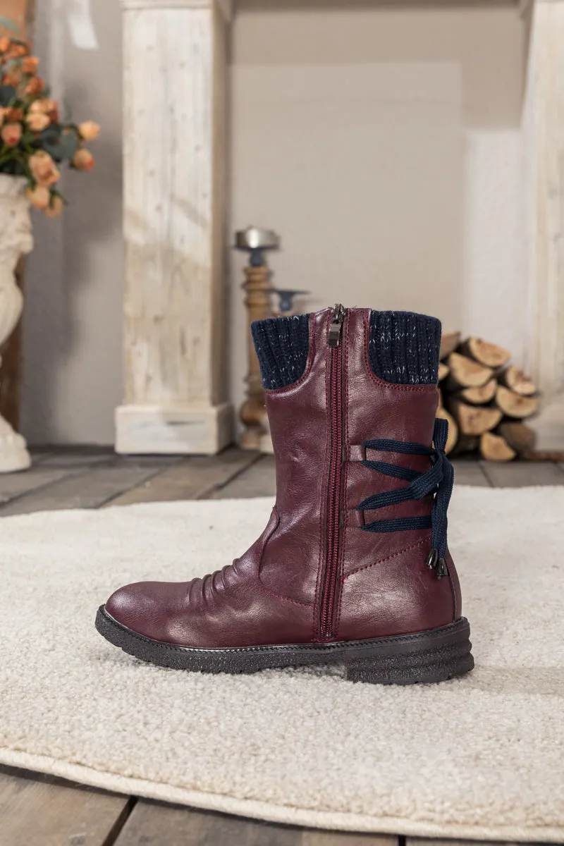 Burgundy Ruched Back Tie-Accent Combat Boot