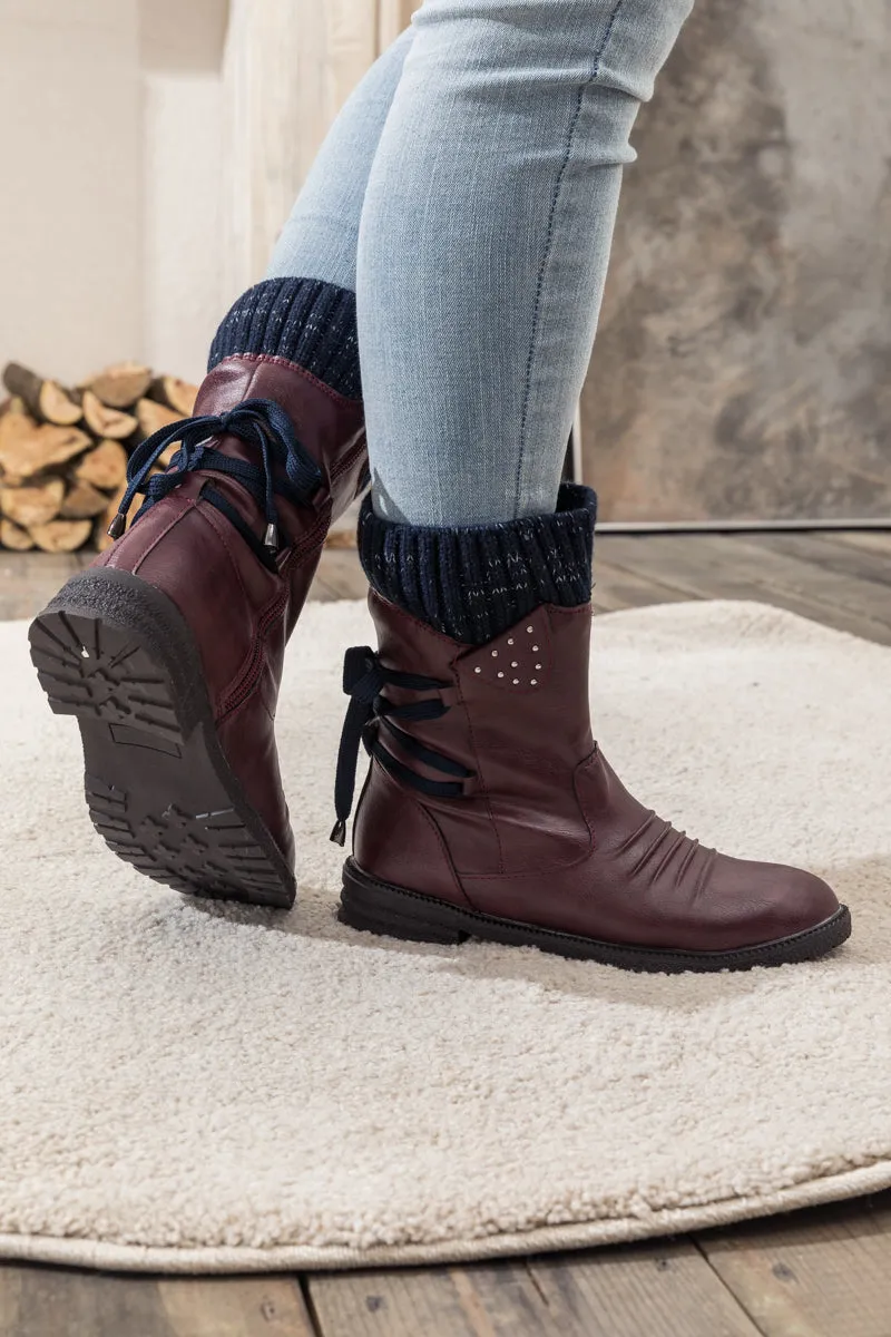 Burgundy Ruched Back Tie-Accent Combat Boot