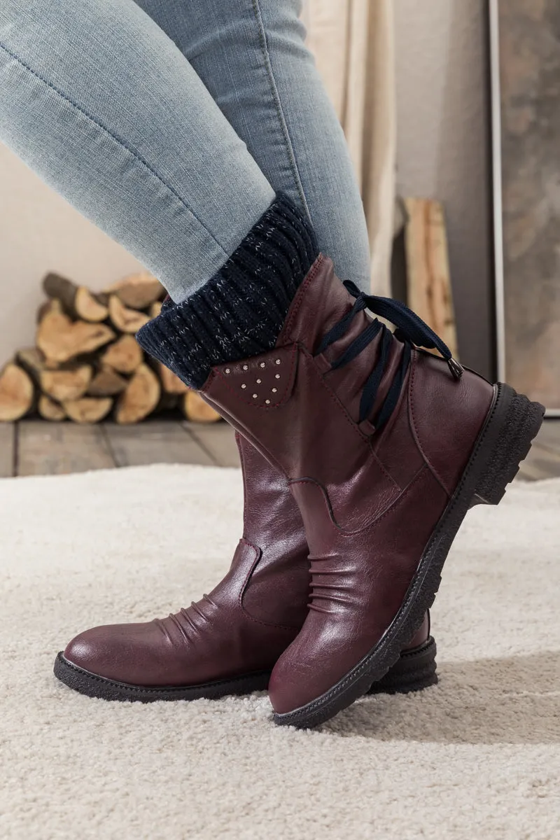 Burgundy Ruched Back Tie-Accent Combat Boot