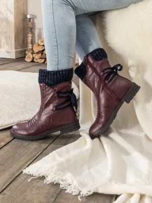 Burgundy Ruched Back Tie-Accent Combat Boot