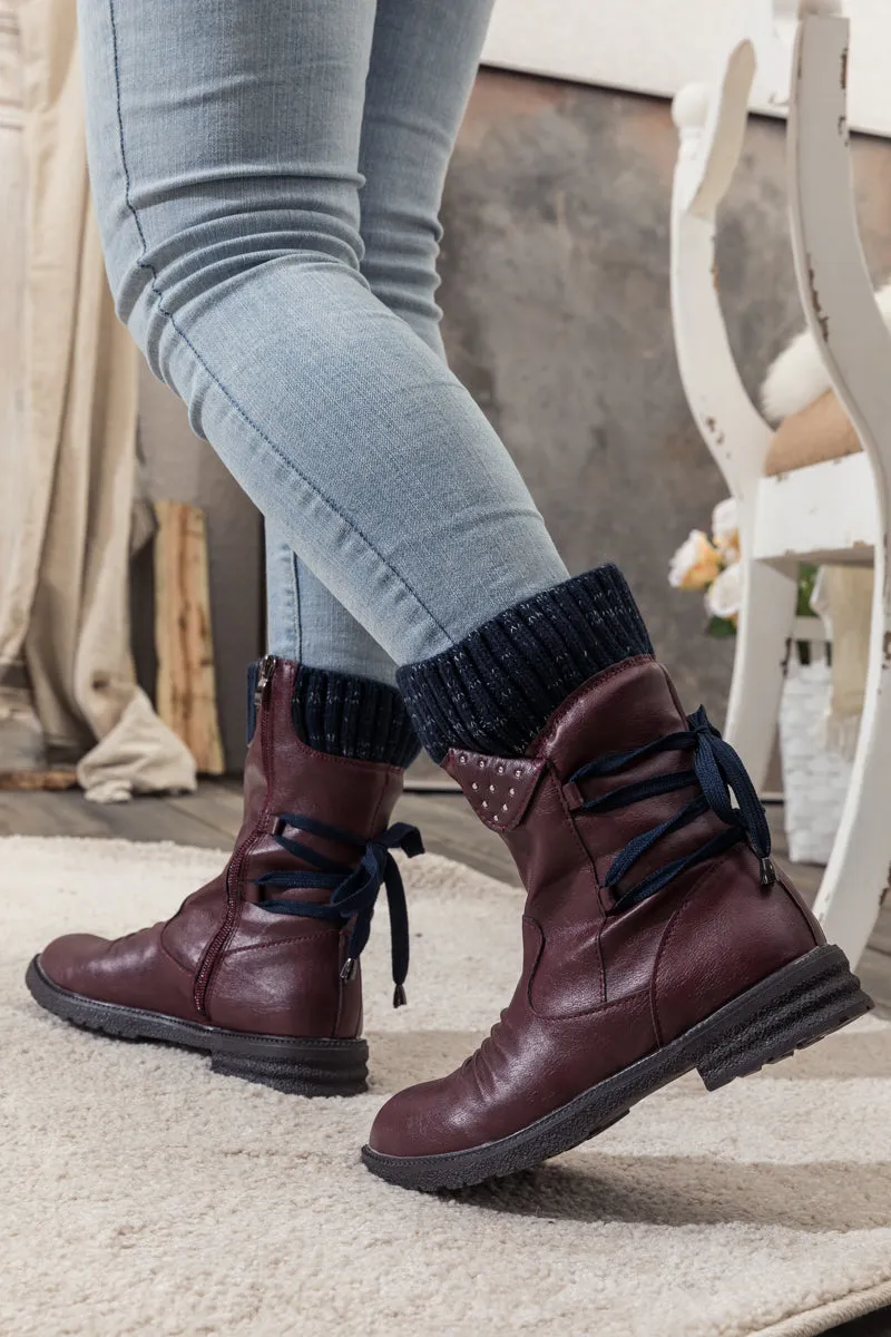 Burgundy Ruched Back Tie-Accent Combat Boot