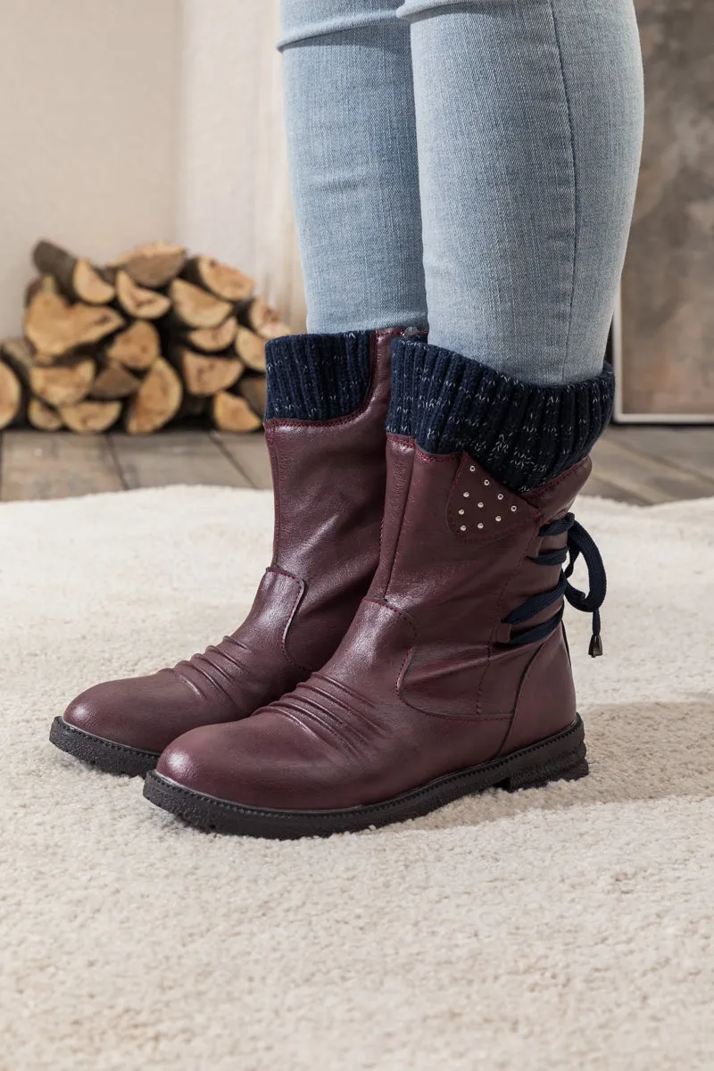 Burgundy Ruched Back Tie-Accent Combat Boot