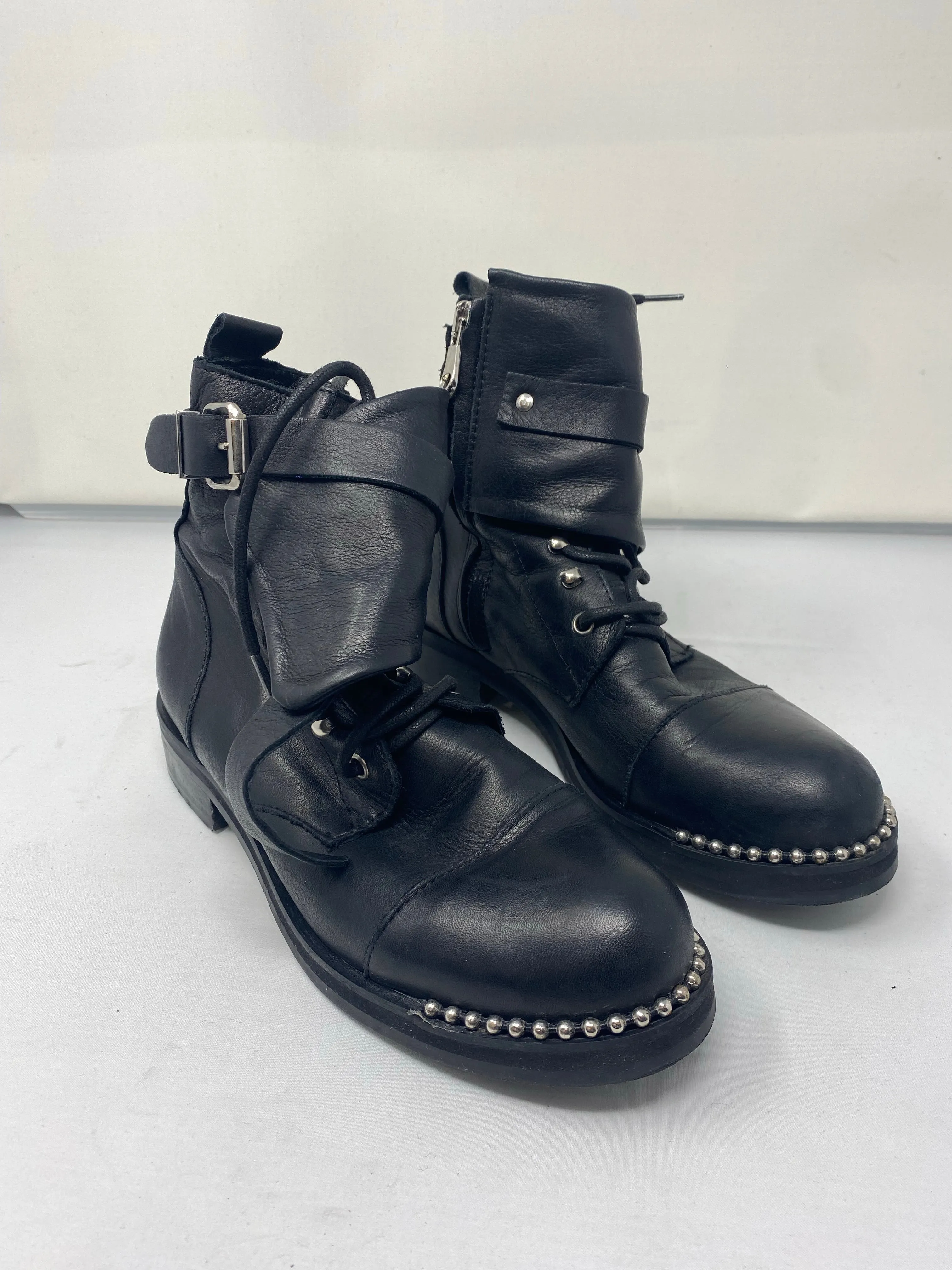 Charles David Black Leather Side Zip Combat Boot