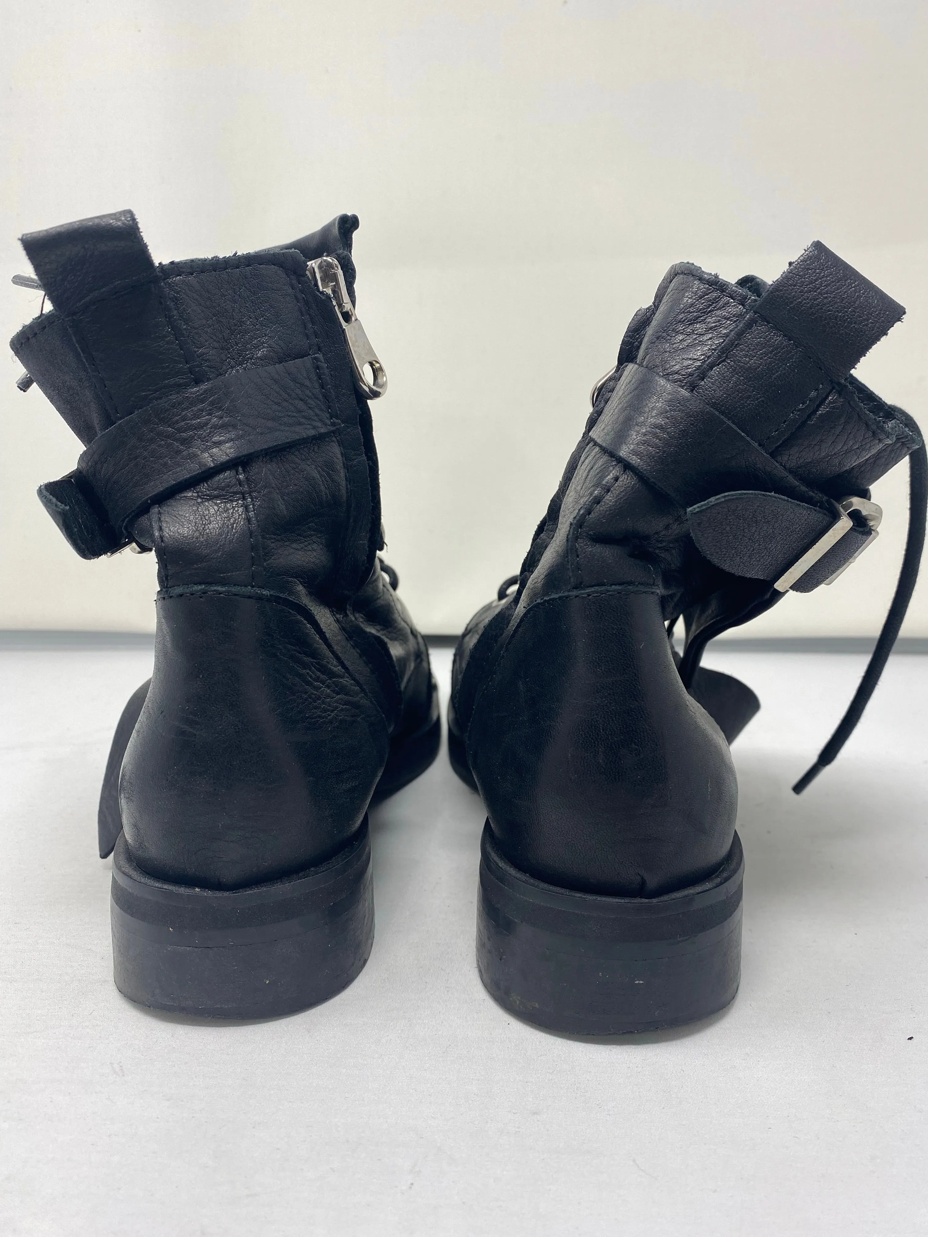 Charles David Black Leather Side Zip Combat Boot