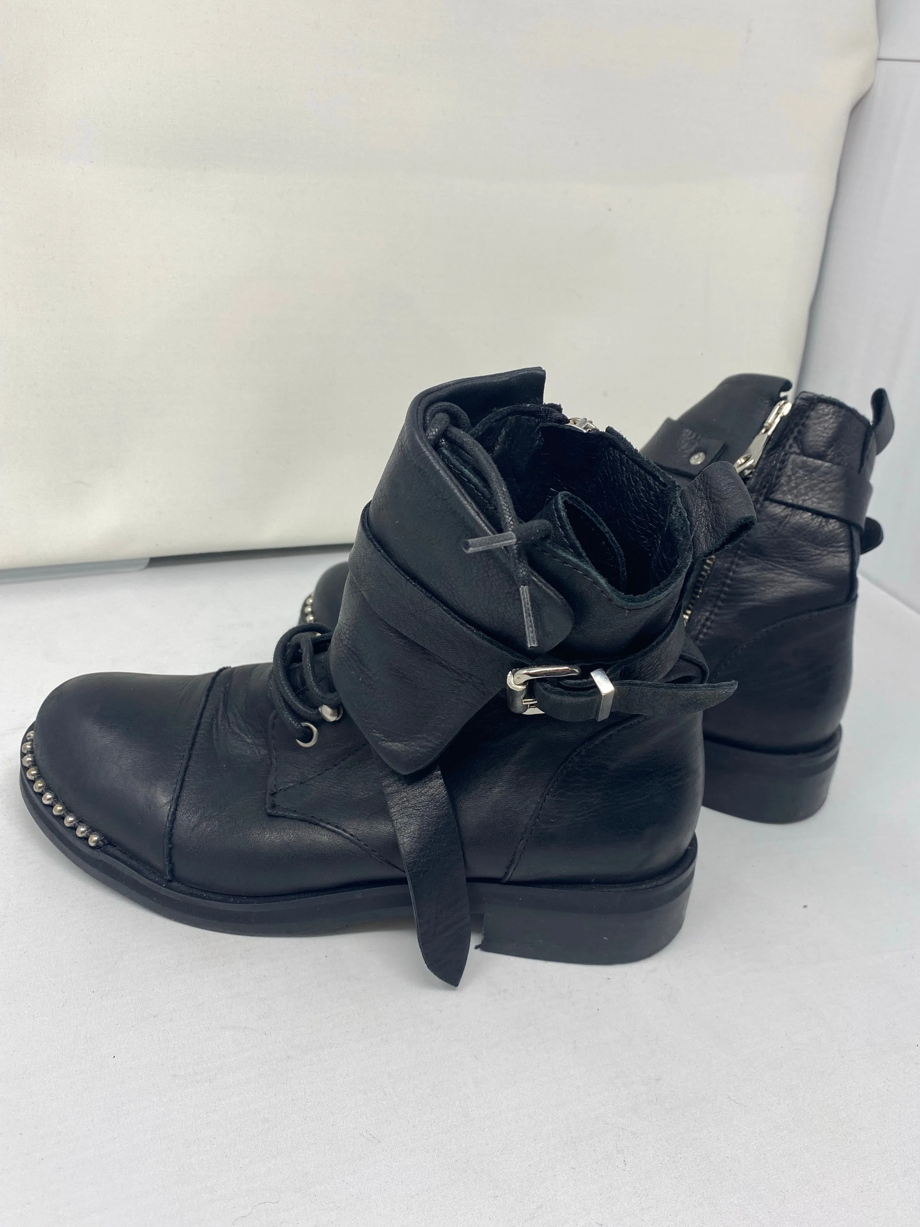 Charles David Black Leather Side Zip Combat Boot