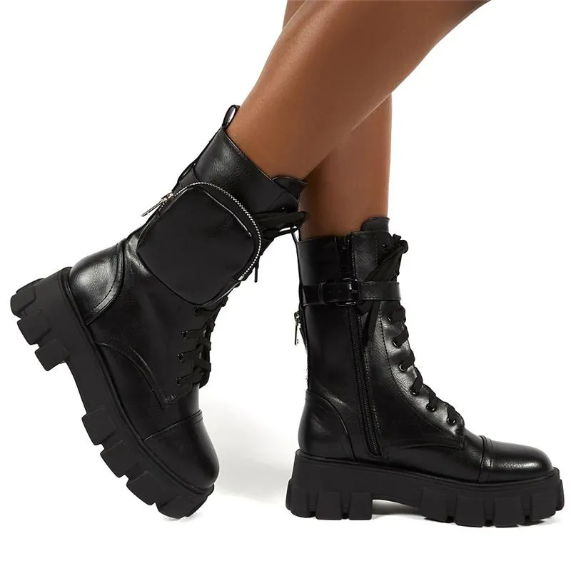 Cool Chunky Sole Lace-up Pouch Combat Boots