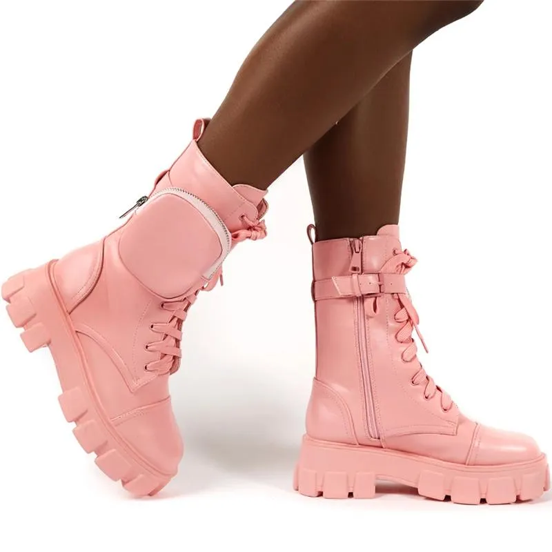 Cool Chunky Sole Lace-up Pouch Combat Boots