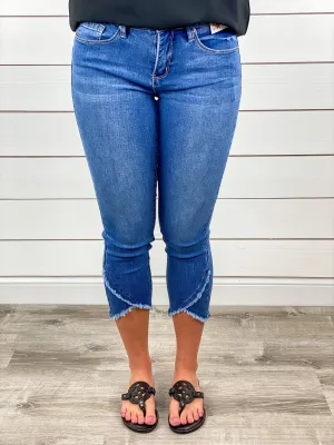 Cross Over Frayed Hem Jeans - Medium Wash