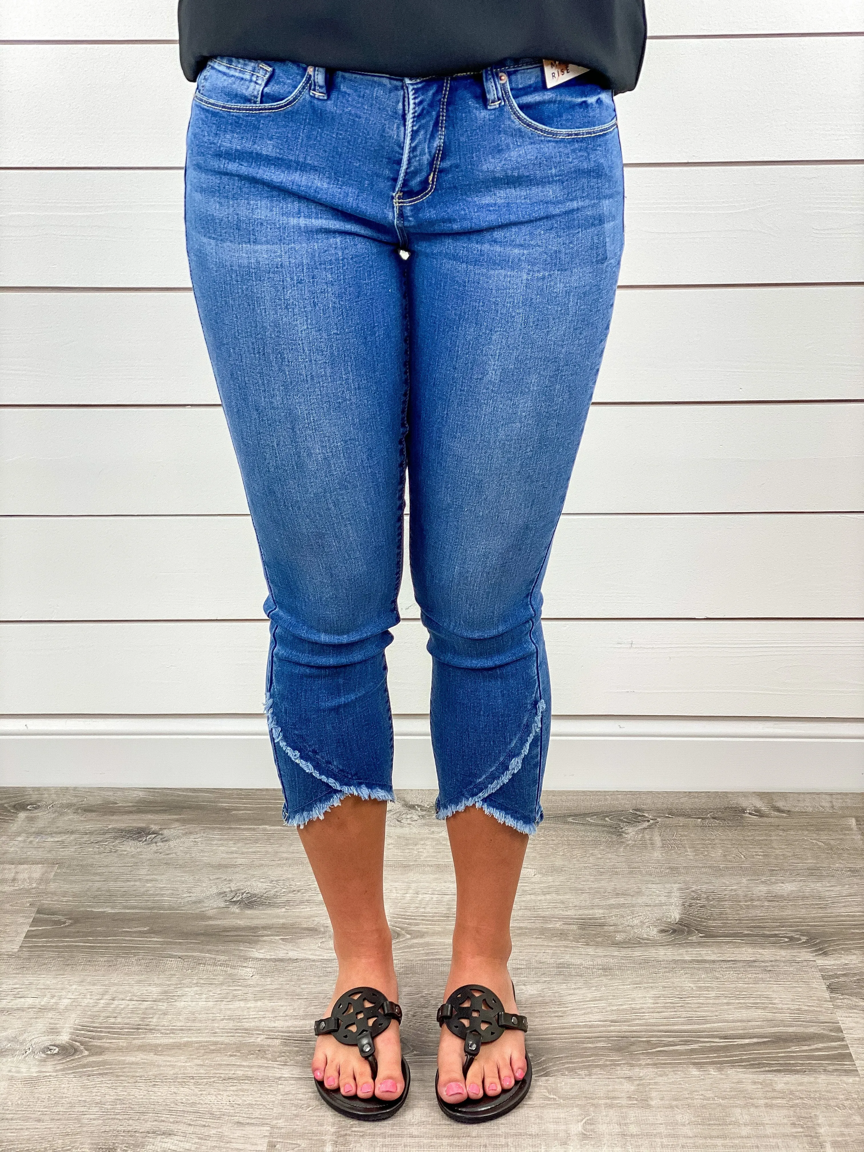 Cross Over Frayed Hem Jeans - Medium Wash