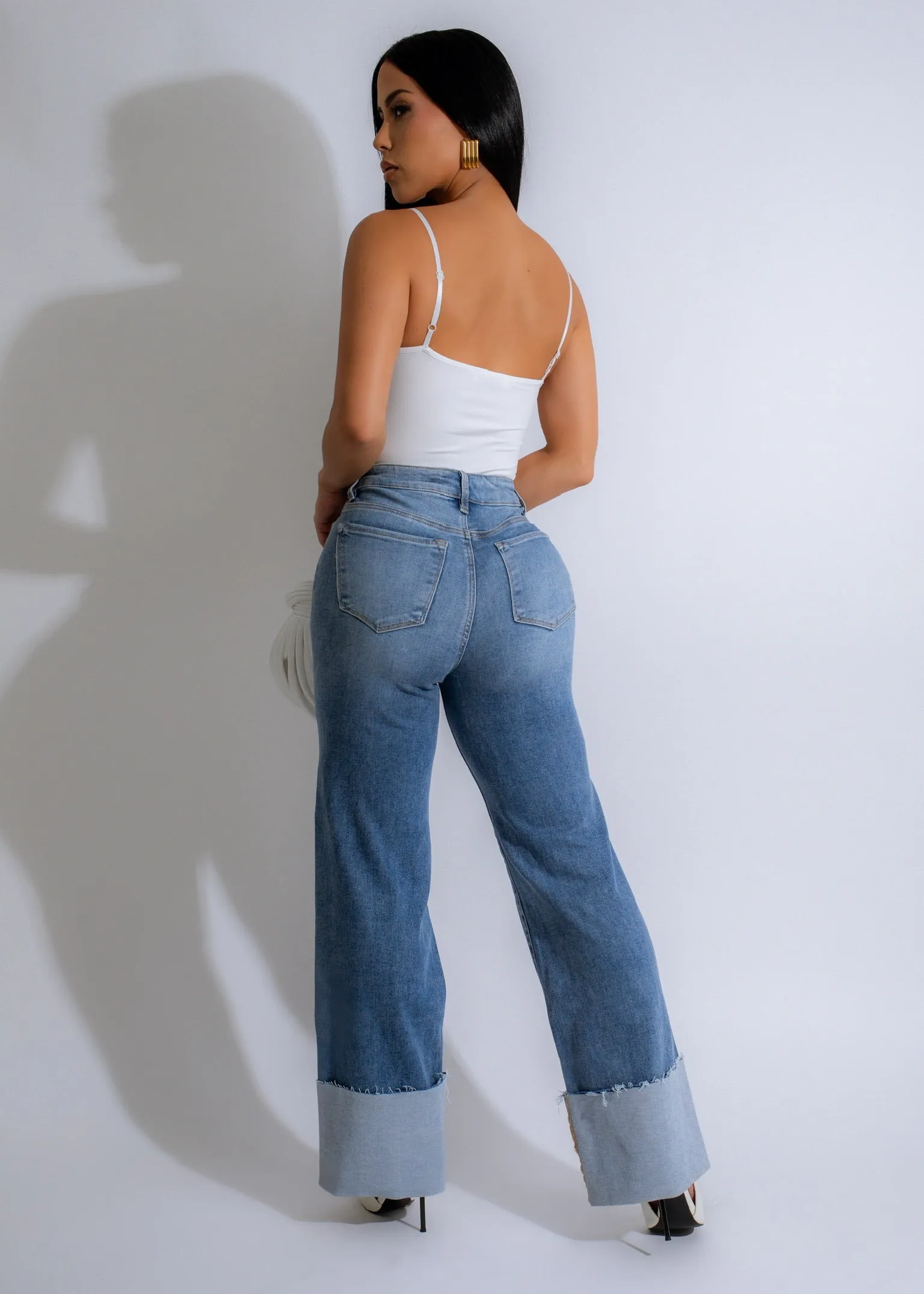 Cuffed Edge Distressed Jeans Light Denim