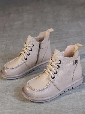 Curved Leather Combat Boots - Khaki