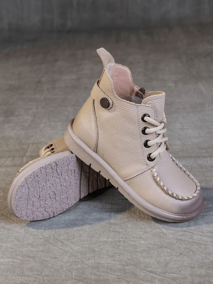 Curved Leather Combat Boots - Khaki