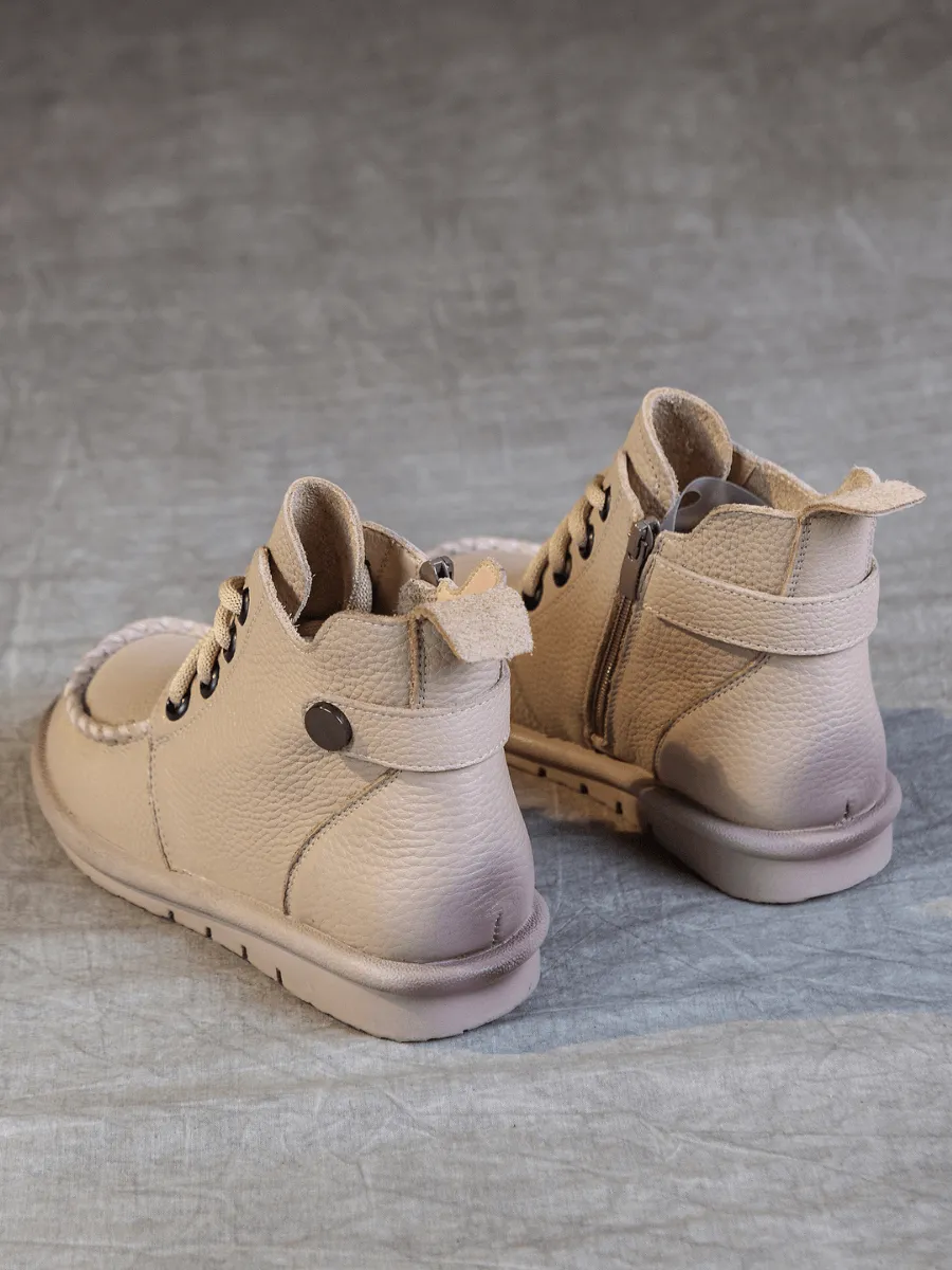 Curved Leather Combat Boots - Khaki