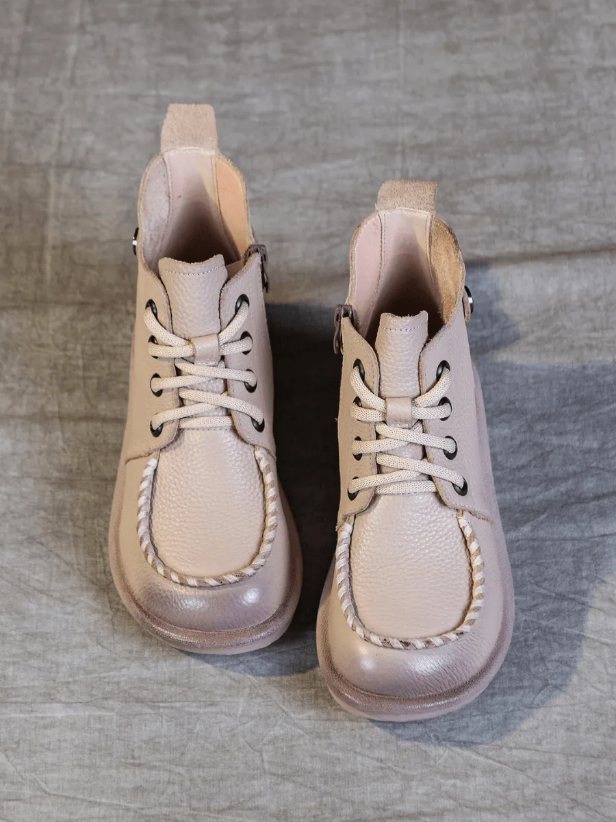 Curved Leather Combat Boots - Khaki