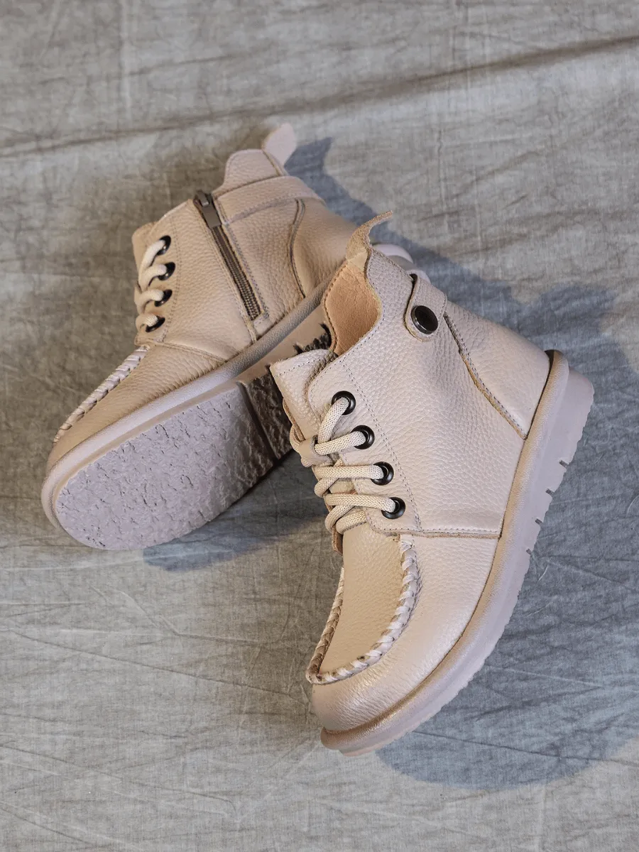 Curved Leather Combat Boots - Khaki