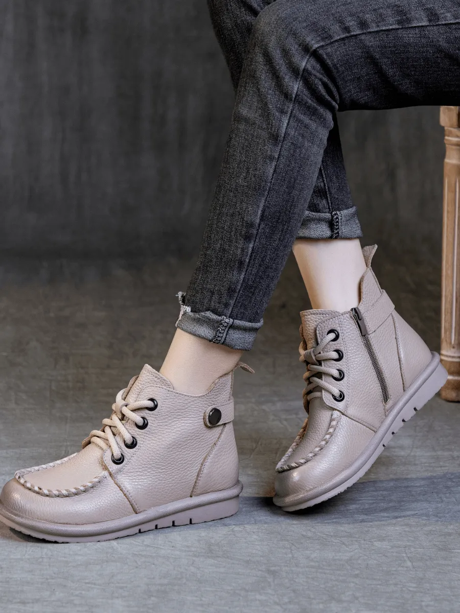 Curved Leather Combat Boots - Khaki