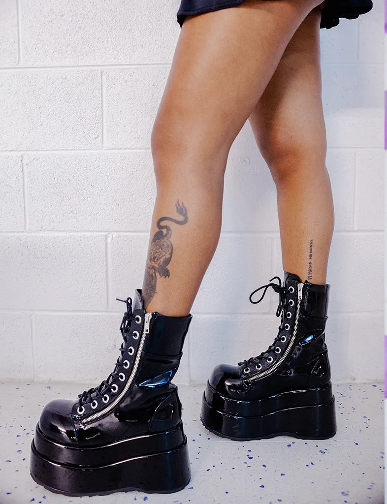 DEMONIA BEAR 265 PLATFORM BOOTS - PATENT BLACK