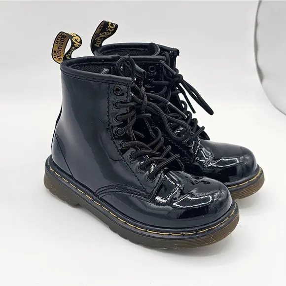 Dr. Martens Brooklee Black Patent Leather Lace Up Combat Boots - Toddler Sz 9